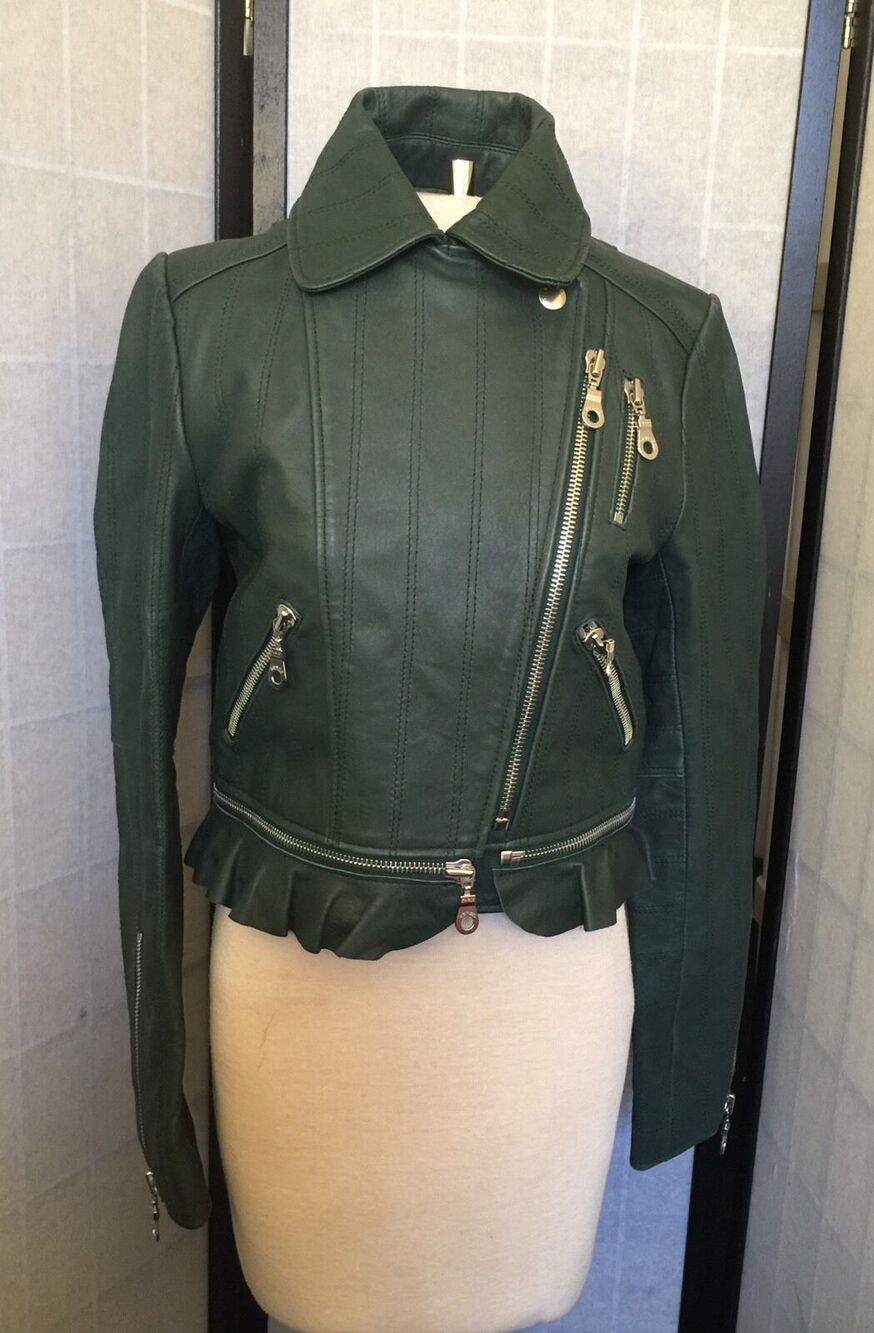 KENZO Paris LEATHER JACKET Womens Green Moto Zip Off Ruffle Size 36 NWT